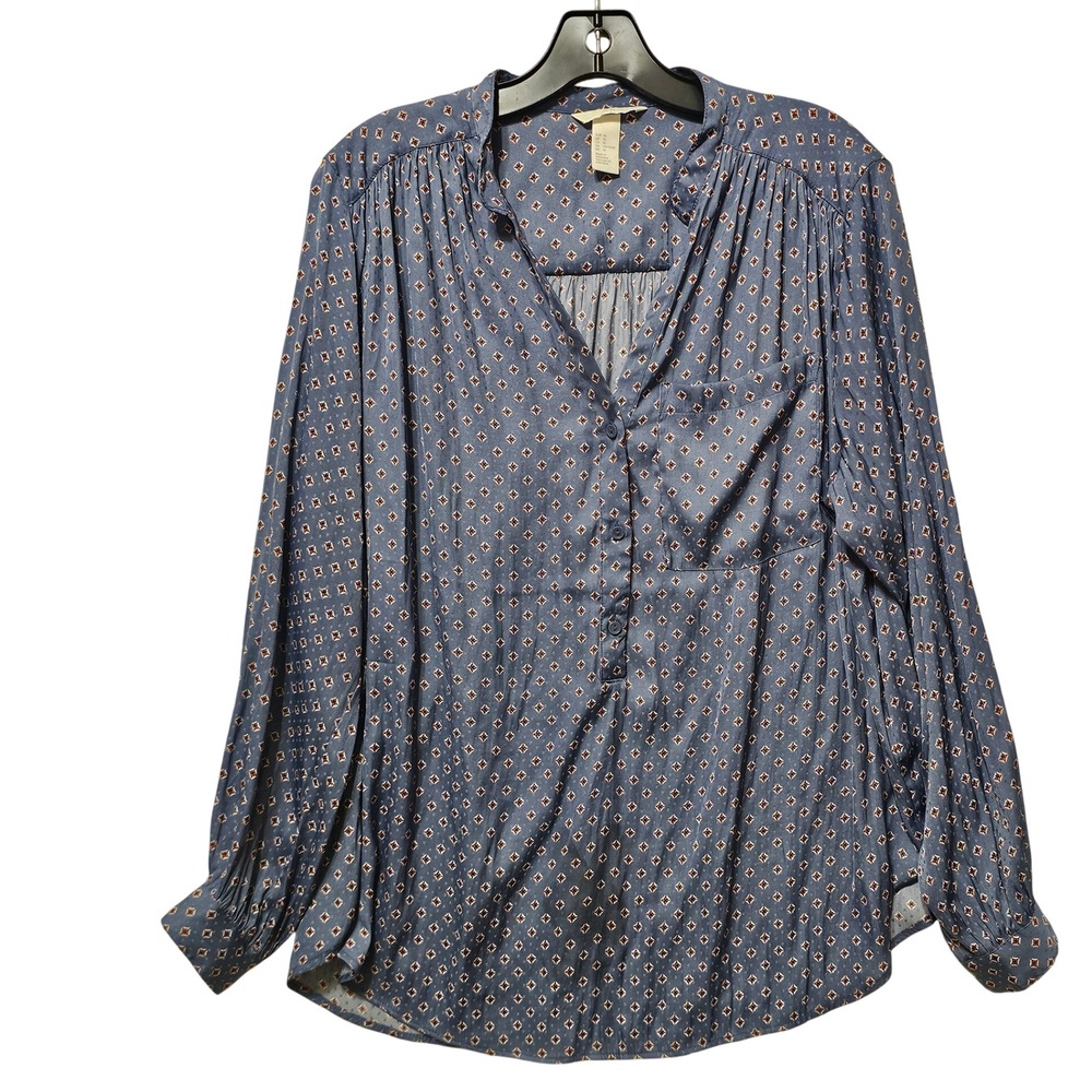 HM Womens Blue Geometric Diamond Print Henley Blouse Long Sleeve Size 14